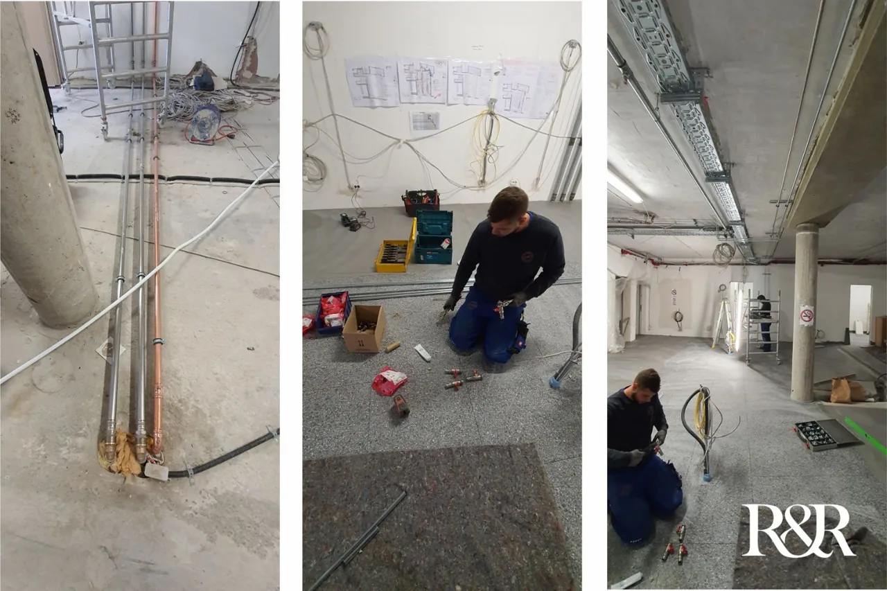 Kupferleitungen und Installationsarbeiten, Collage mit R&R-Wasserzeichen · Baustelle