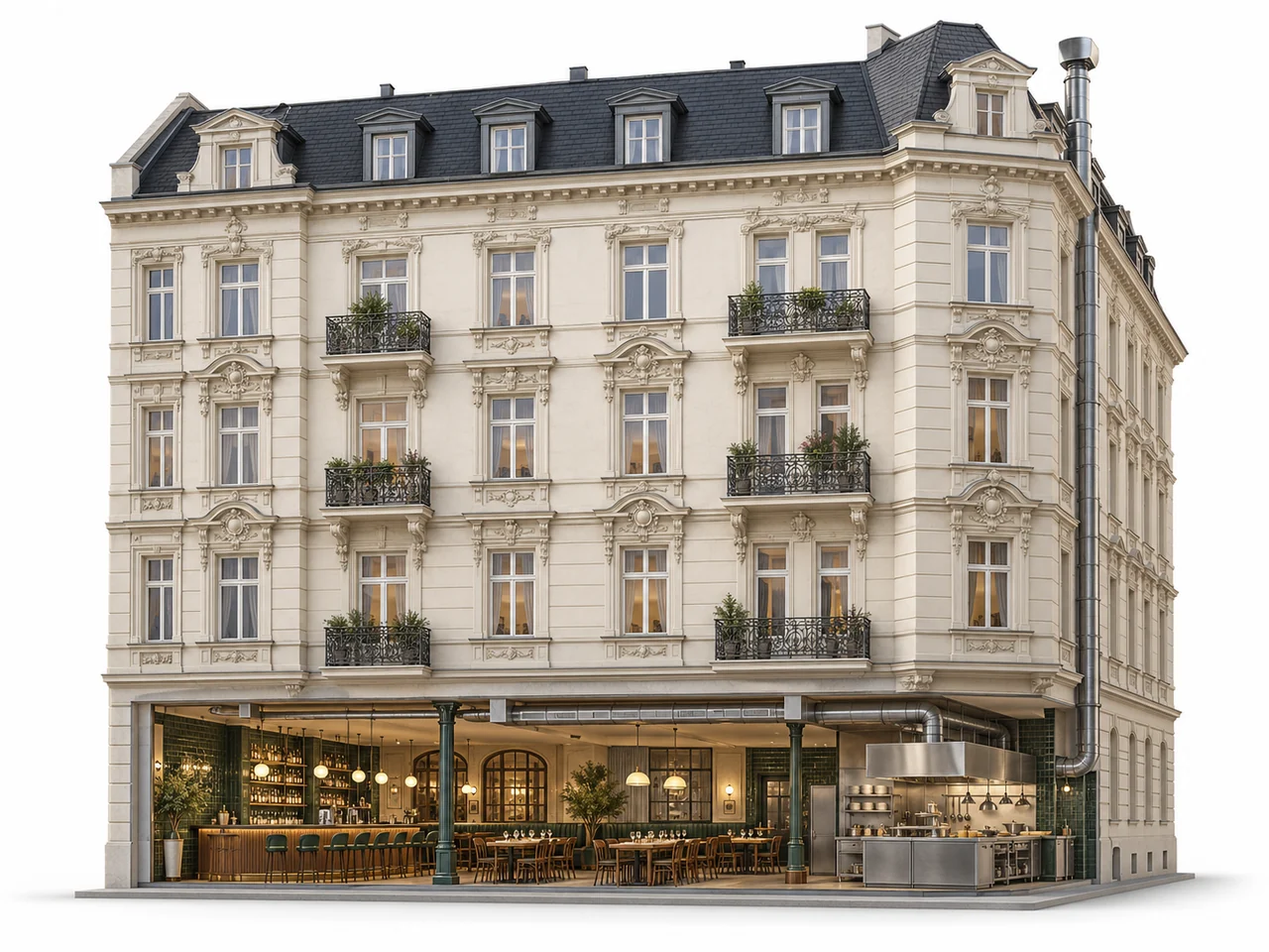 3D-Visualisierung eines Berliner Eckhauses, das Erdgeschoss aufgeschnitten mit Bar, Gastraum und offener Küche